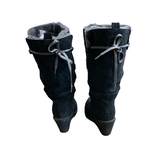 FLURRIES Black Sheepskin Lace Up Mid Calf Suede Wedge Winter Boots US 9 - Picture 4 of 7